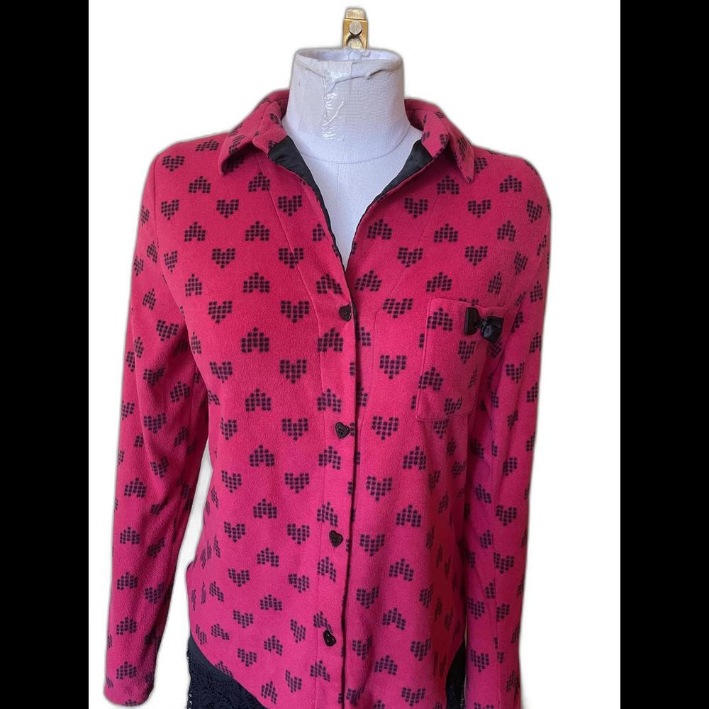 BETSEY JOHNSON LOUNGE Hot Pink & Black Hearts Fleece Satin PJ Pajama Top Shirt
